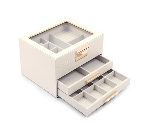 Image of BucketList Luxury PU Leather Jewellery Organizer Box with Glass Top | Multi-Drawer Jewelry Storage Case with Ring Slots & Compartments | Elegant Lockable (2 Drawers Jewellery Box (White))