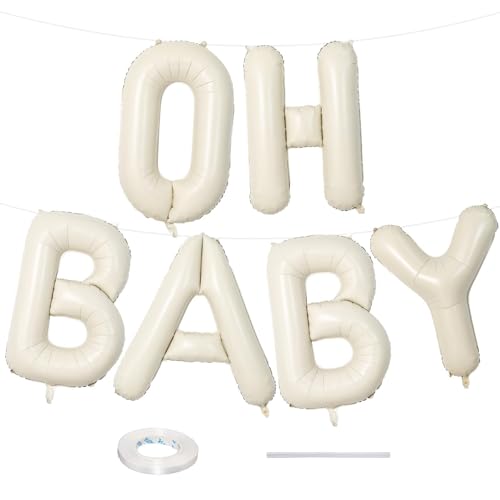 Image of 40 Inch Beige OH BABY Balloon for Baby Shower, Large Cream White Oh Baby Balloons Letters with Ribbon, Neutral Ivory Alphabet Oh Baby Balloon Banner Sign for Gender Reveal Backdrop Party Decorations