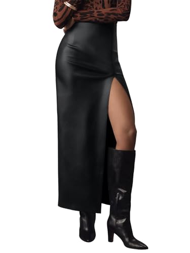 LILLUSORY Womens Faux Leather Maxi Skirts 2025 Fall Fashion Bodycon High Waisted Slit Winter Work Office Long Pencil Skirt Black S