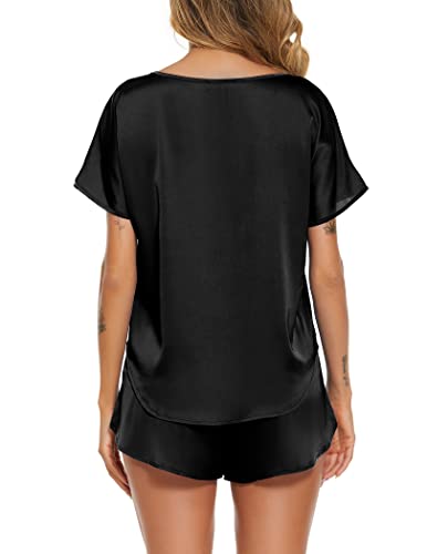 Ekouaer Pyjamas For Women Satin Short Pyjamas Set Summer Loungewear Plain Sleepwear Leisure Suit Tops and Short Trousers Nightwear, Black, M - Image 5