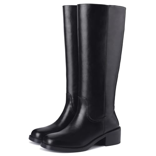 Image of Gothictor Women's Banana Knee High Boots Square Toe Chunky Block Heel Comfortable Low Heel Pull on Wide Calf Riding Long Boots for Women