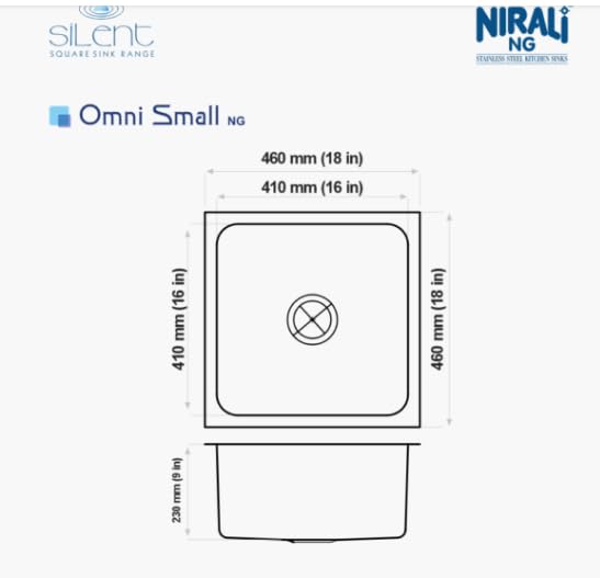 Image of NIRALI Kitchen Sink 18 x 18 Inch Omni 304 Heavy Duty Stainless Steel | Single bowl Sink Round Coupling | Rust & Stain Resistant | Glossy Finish | Minimizes Sound (Glossy, 18 inch x 18 inch x 9 inch)