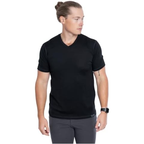 Woolly Clothing Co Men's Merino Wool V-Neck Hiking and Travel T-Shirt,Black,Medium Cover