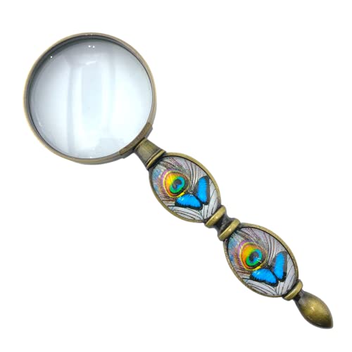 Value Arts Blue Butterfly and Peacock Feather Magnifying Glass, Brass and Glass, 6 Inches Long