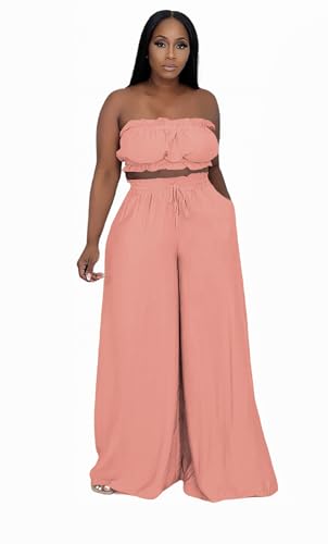 Image of Two Piece Sets for Women Summer Outfits Crop Tops and Wide Leg Pants Sets Sexy Jumpsuits Vacation Outfits with Pockets