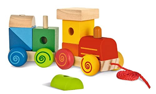 Eichhorn 100003453 Lok mit Sound, Anhänger mit Bausteinen, 17cm lang, Birke und Kiefernholz, WB, Try me,1J+, bunt