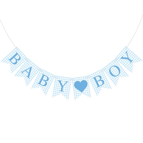 Hahafelt 1 Pcs Blue Gingham Baby Boy Banner for Party Decorations Blue Pre Strung Baby Shower Its a Boy Gender Reveal Paper Banner for Table Wall or Mantel Display Party Decor Supplies