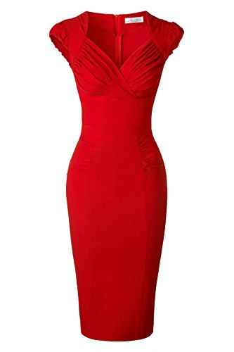 Newdow Lady's 50s Vintage V Neck Capsleeve Pencil Dress (Large, Red)
