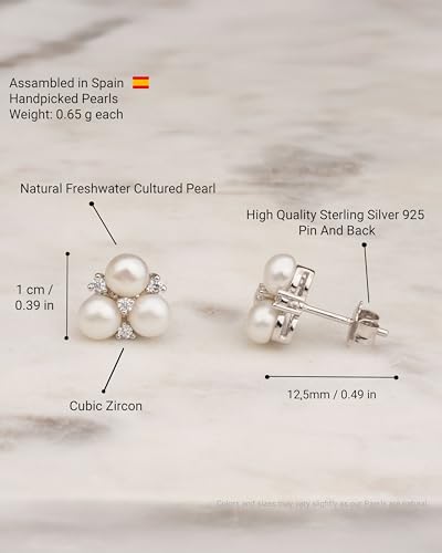 Women Pearl Stud Earrings with Three Fresh Water Cultured Pearls Button Shape 4-5 mm by Secret & You | Sterling Silver 925 Mounts with big nuts.3