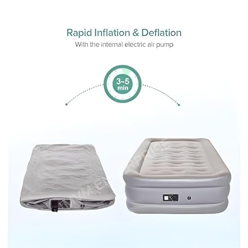 Image of Single Size Inflatable Air Mattress Bed with Built-in Electric Pump, Thick Waterproof PVC Blow Up Air Bed for Home, Travel, Guests & Camping - Portable Comfortable Sleeping Mattress
