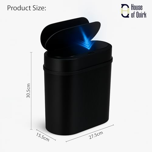 Image of House of Quirk Plastic Smart Automatic Motion Sensor Rectangular Trash Can Oval 12 Litre For Bathroom, Bedroom, Kitchen, Office - Black
