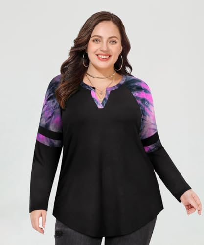 Image of CARCOS Plus Size Tops for Women Long Sleeve Fall Tunic Color Block Camo /Plaid /Leopard /Fall Blouse Crewneck Tshirt XL-5XL