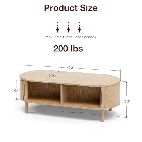 Image of ZttRiee Oval Coffee Table with Sliding Doors, Modern, Natural | 47.24 inchL x 21.65 inchW x 16.14 inchH, 200 lbs capacity, 2 front & back storage areas, ~60 min assembly