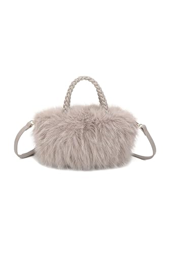 Fontanella Fashion Women's Elegant Faux Fur Tote Bag With Braided Handles Adjustable Strap And Soft Plush Design (Ash Grey)