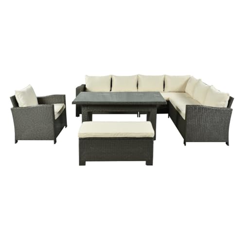 Image of DEVOKO 5-Piece Outdoor Patio Furniture Set All-Weather Wicker Conversation Set with Dining Table, Chairs & Ottoman for Garden, Poolside, Backyard (Dark Brown & Cream)