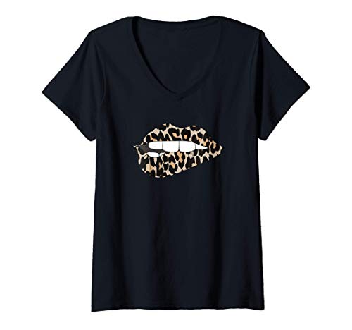 Photo de Femme Cheetah Leopard Animal Print Lip Bite T-Shirt avec Col en V
