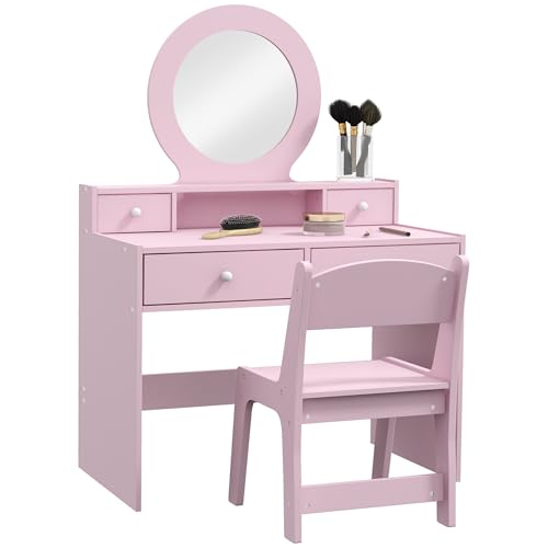AIYAPLAY Kids Dressing Table with Mirror and Stool, Kids Vanity Table Make up Set with Storage Drawers Gift for Aged 3–8 Years Old - Pink