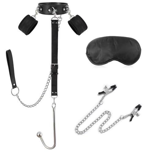 Sex Lit SM Kits de Bondage Menottes, Retenue du Cou au Poignet avec Chaîne Traction, Menottes Sexe & Masque Pour Les Yeux & Plug anal & Pinces à tétons, Jeux Sexuelle Adulte Couple Sextoys