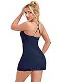 ohyeahlady Women's Sexy Lingerie Babydoll Dress - Deep V Neck Lace Trimmed Nightgown with Chest Pads Nightgown Sleepwear Blue Chemise XL