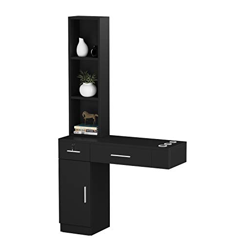 Mefeir Wall Mount Hair Styling Barber Station Beauty Hair Salon Spa Equipment Set With 3 Tier Shelf, Lockable Drawer & Cabinet, Easy Assembled (Black) #TOP16