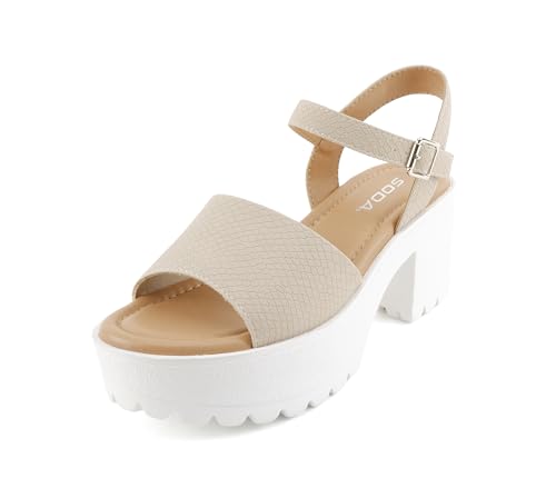 Image of Soda inchStacie inch ~ Women Open Toe Lug Sole Mid Block Heeled Sandals with Adjustable Ankle Strap