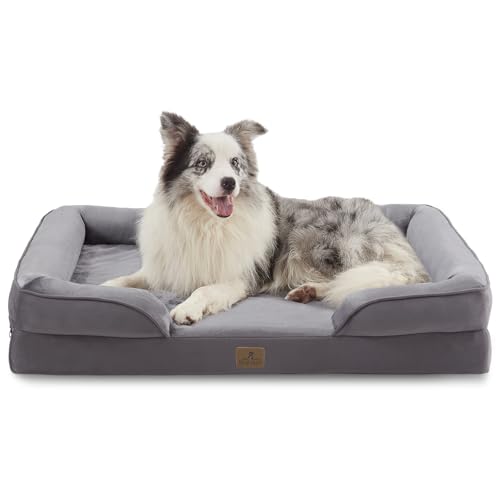Image of Bedfolks Orthopedic Dog Bed, Big Waterproof Dog Sofa Bed for Large Dogs, Egg Foam Pet Couch Bed with Removable Washable Cover and Nonslip Bottom, Dark Grey
