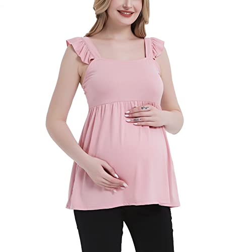 Debelly Women Maternity Peplum Blouse Square Neck Ruffle Trimmed Tank Tops Pregnancy Babydoll Shirt Mama Summer Basic Tee Soft Lovely,Pink,L #TOP2