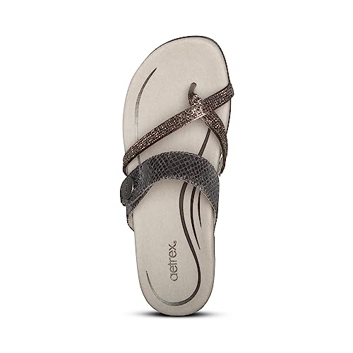 Image of Aetrex Izzy Memory Foam Footbed Faux Leather Adjustable Slide Orthopedic Sandals for Women - Pressure Relief Pain Arch Support Sandals Women's