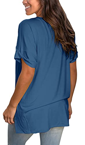 Image of Sampeel Women's V Neck T Shirts Casual Rolled Short Sleeve Side Split Summer Tops Loose Fit