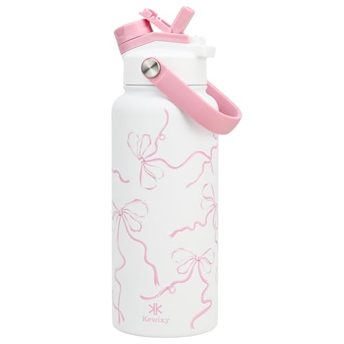 KEWIXY 32 oz Pink Water Bottle, 2-in-1 Lid, Straw & Spout with Protected, Leak Proof, Keep Cold, Stainless Steel, Metal, Reusable, Handle, for Travel, Gym and School, Breeze Pink Bow