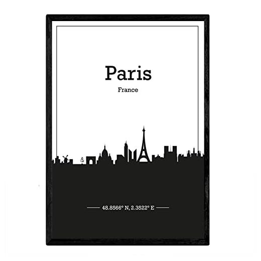 Nacnic Affisch med karta över Paris – Frankrike. Horisont lakan med städer i Frankrike med svart skugga. A4-storlek
