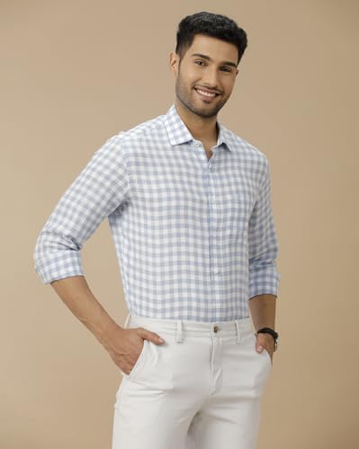 Image of Linen Club Men's Pure Linen Blue Checked Contemporary Fit Half Sleeve Casual Shirt