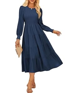Damen Elegante Kleid A Linie Tiered Elastischer Taille Maxikleid Langarm Hochzeitsgast Kleider CL145-04/Marineblau XL
