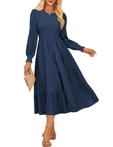 Damen Elegante Kleid A Linie Tiered Elastischer Taille Maxikleid Langarm Hochzeitsgast Kleider CL145-04/Marineblau XL