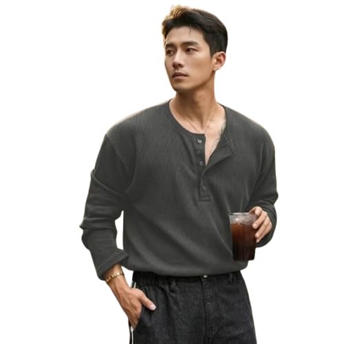 Image of Men's Textured Fabric Solid Color Basic Half-Open Collar T-Shirt, Fall Long Sleeve Men Shirt | Tshirt for Men