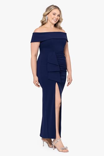 Image of Xscape Women's Off Shoulder Straight Neck Evening Gown with Foldover Cuff, Side Ruffle, Leg Slit, Fitted Formal Dress, Navy, 8P, Petite