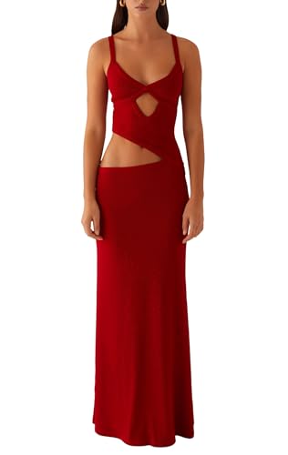 Image of NUFIWI Women Bodycon Spaghetti Strap Cutout Maxi Dress Hollow Sexy Fitted Dresses Sleeveless Stretch Slip Long Dress