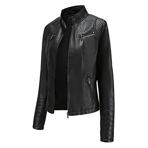 Blouson Simili Cuir Femme Veste Biker Motard Grande Taille Vintage Noir