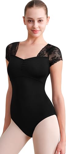 Mulnall Womens Ballet Leotard with Mesh Back,Black Short Sleeve Lace Panel Dancewear(237118-06-M)