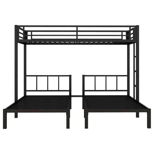 Tynior Nest Triple Bunk Bed, Metal Twin Over Twin & Twin Bunk Beds for 3 with Guardrails, Ladder & Upper-Bed Platform, Detachable 3 Bunk Beds for Teens, Adults, No Box Spring Needed, Black