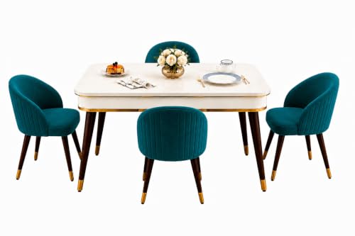 Image of WOODEN SPACE 4 Seater Wooden Dining Table Set | Urban Marble Top Dining Table with Chairs for Dining Room & Kitchen (Majestic Classic Backline Sea Blue) (42 x 42 x 30 inch)