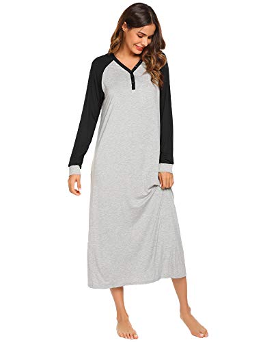 Ekouaer Nightshirt Women's Long Sleeve Long sleepwear Neck Night Dress Nightgown Loungewear(Black,M)