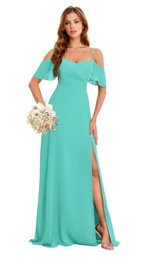 Image of Flowy Chiffon Bridesmaid Dress with Slit Turquoise Mermaid Long Formal Gown Chiffon Maxi Gown US14 HGR93