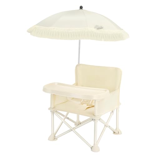Image of Portable Folding Baby Dining Chair, Outdoor high Chair, Foldable Toddler Feeding seat with Sunshade and seat Belt (Beige Tassel Umbrella)