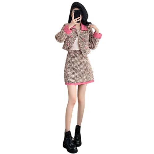 Ensemble tweed deux pièces femme chic veste à revers et jupe assortie