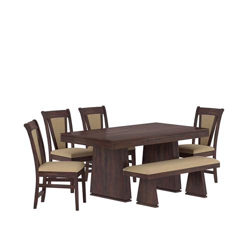 Image of Solid Wood 6 Seater Dining Table | Sheesham Wood Six Seater Dining Table with Cushion Chairs | Wooden Furniture Dinner Table with 4 Chairs and Bench | Walnut Finish with Cream Upholstery
