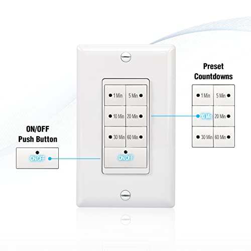 Ecoeler Wall Timer Switch, 15A Countdown Timer Switch With Push Button 1-5-10-20-30-60Mins, For Bathroom Fans, Heaters, Lights, Led Indicator, Neutral Wire Required, Ul Listed, White #TOP2