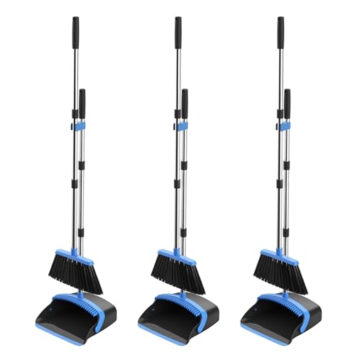 Image of NACENA Broom and Dustpan Set, 52-in Long Adjustable Handle Broom Dustpan Combo with Dustpan Teeth to Automatically Clean Hair Suitable for Home Kitchen Office Hall Floor (Black&Blue),3 Pack