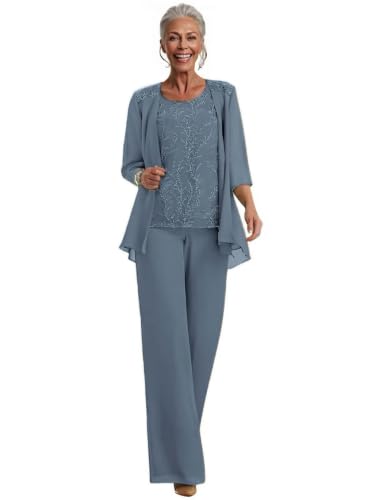 3 Piece Chiffon Formal Mother of the Bride Pantsuit Dusty Blue Custom
