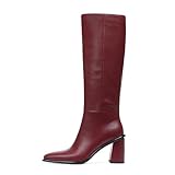 Grakihily Women's Knee High Boots, Square Toe Chunky High Heel Faux Leather Boot 2025 Long Dress Casual Fall/Winter Boots for Women Fashion Wide Calf Tall Boot with Side Zipper Burgundy/Size 7.5